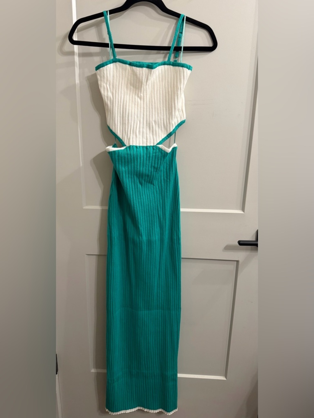 Blue Blush White and Teal Ribbed Asymmetrical Cutout Maxi Dress